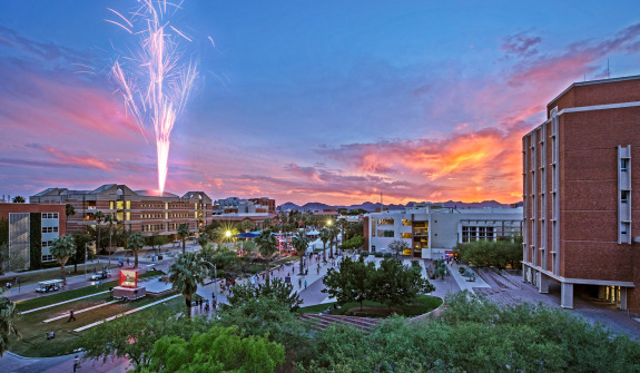 fireworks at sunset on University of Arizona campus